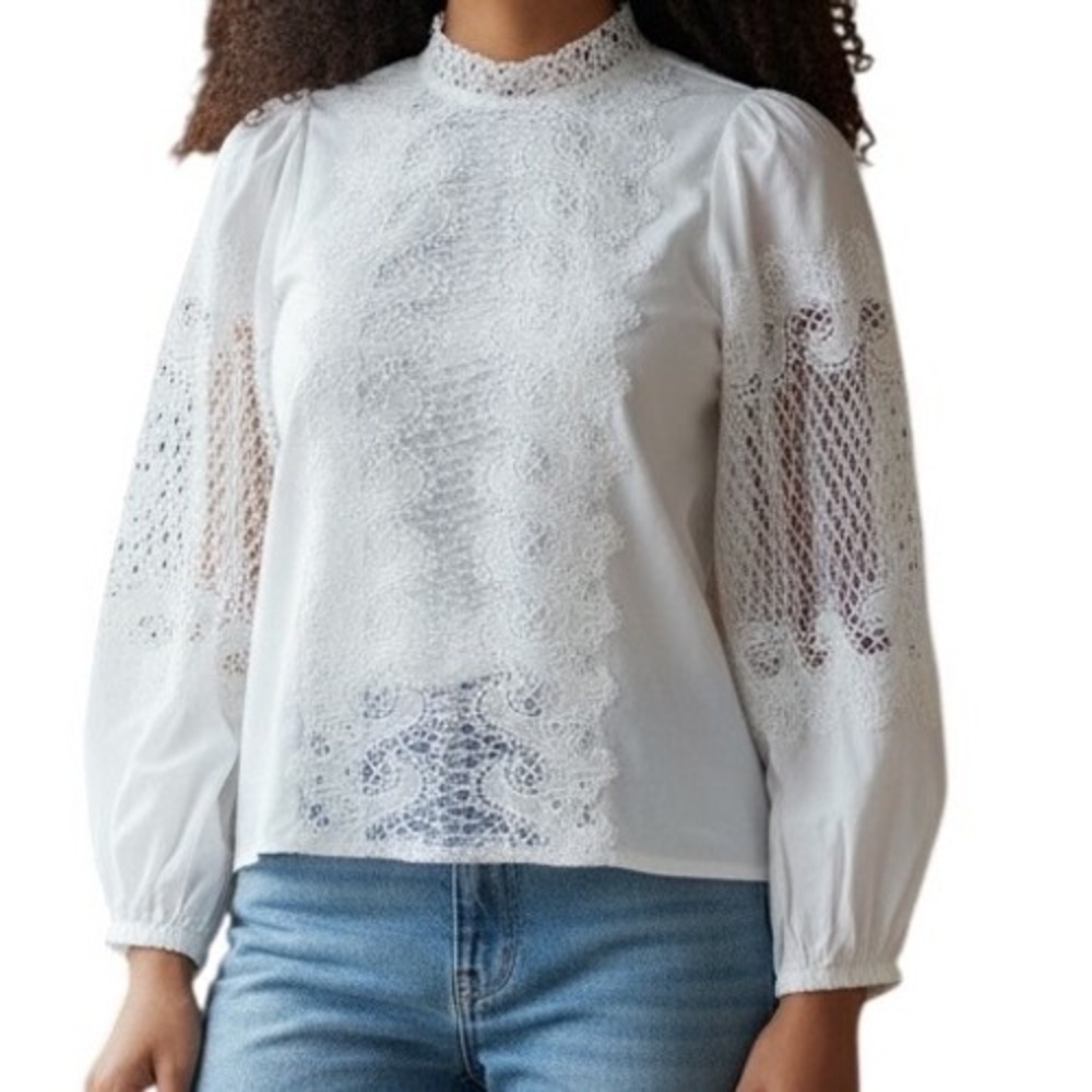 GRACIA Pure‎ White Lace Balloon Sleeve Mock Neck Victorian Blouse Top EUC Size M